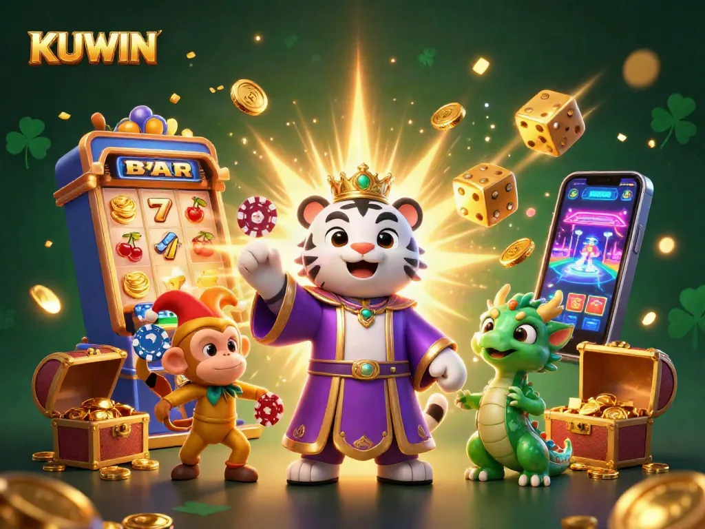Kuwin brings excitement with a 3D animated tiger, monkey, and dragon amid casino symbols.