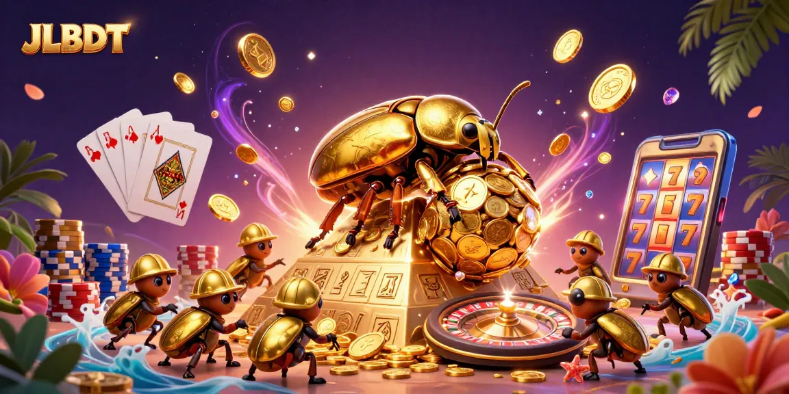 JLBDT highlights a golden dung beetle with casino elements in a vibrant, dynamic 3D scene.