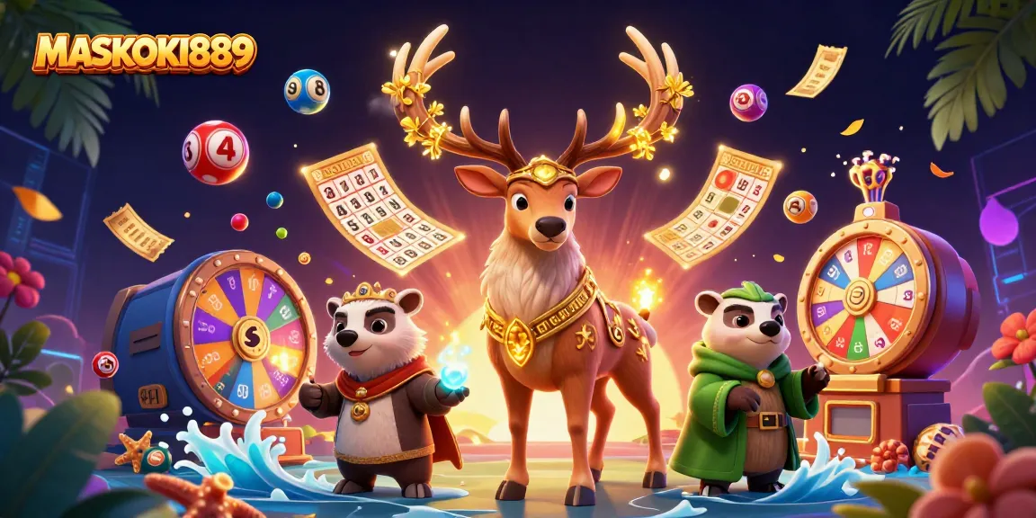 Experience the excitement of MASKOKI889 with vibrant lottery balls and dynamic casino elements.
