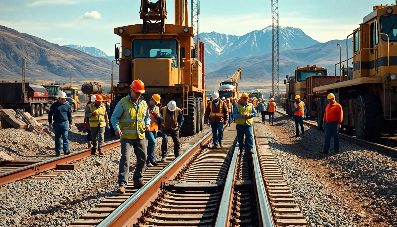 Rail contractor Canada team collaborating at a railway construction site.