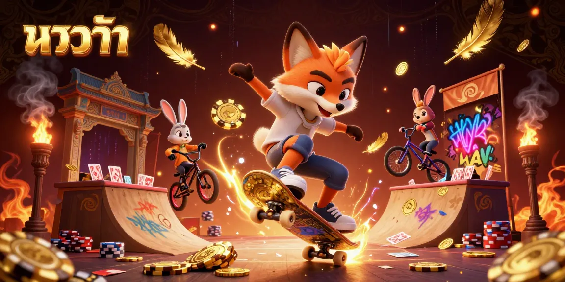 Experience บาคาร่า gameplay with vibrant 3D illustrations of a fox and rabbit in casino action.