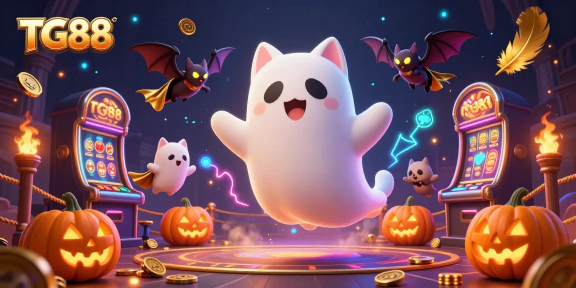 Experience thrilling gameplay at TG88 with a ghost cat and vampire bat in a haunted casino scene.