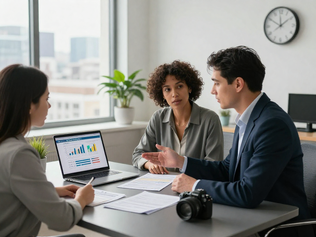 Couple learning about free credit scores during a financial consultation.
