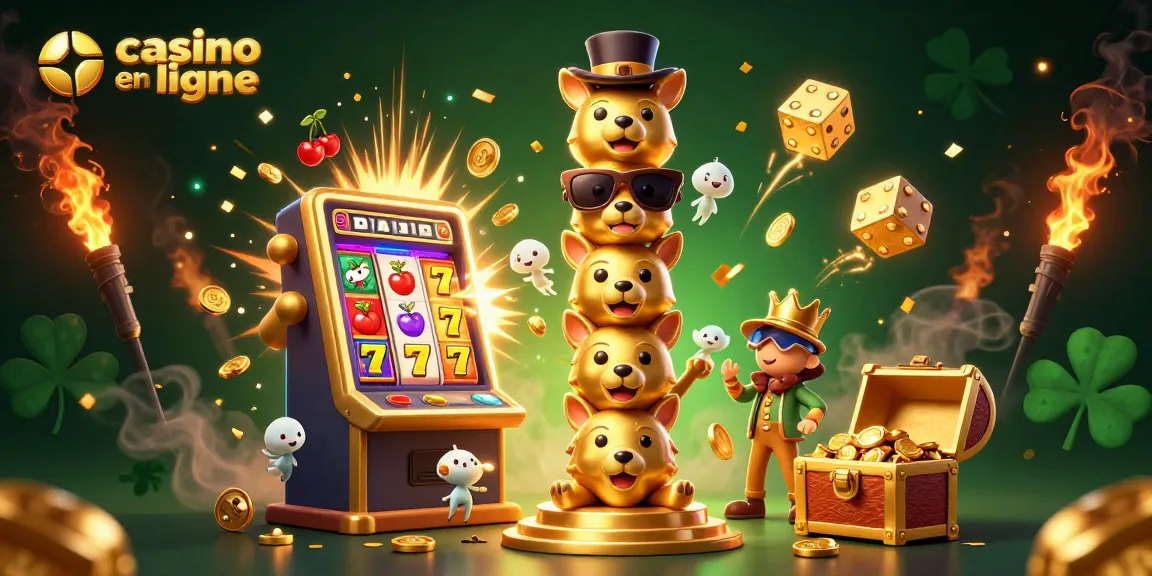 Jouez au casino en ligne avec le totem doré, machines à sous explosant de pièces et jeux colorés.