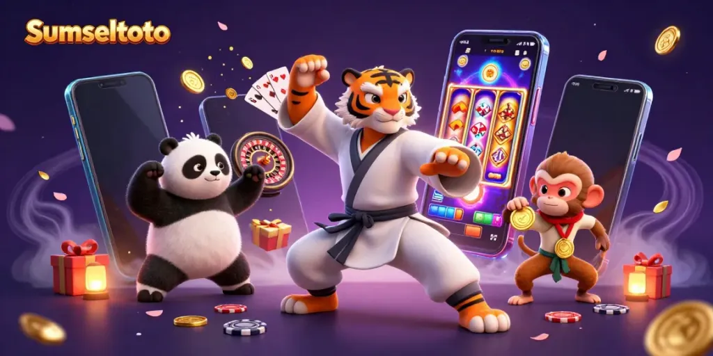 Experience slots excitement with sumseltoto featuring kung fu characters and vibrant casino elements.