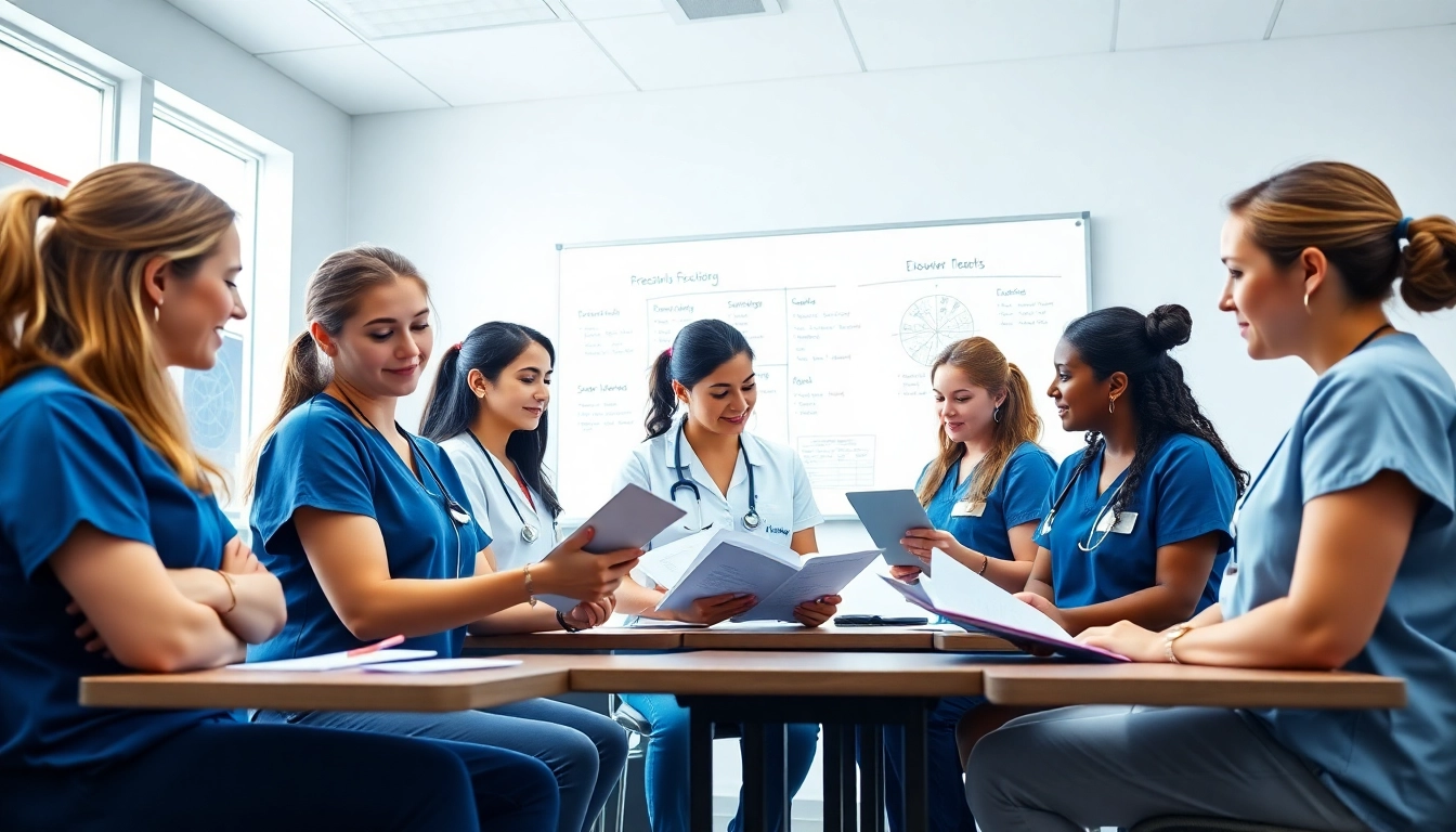 Engaged group participating in an in person Nclex review in Houston classroom session focused on collaboration.