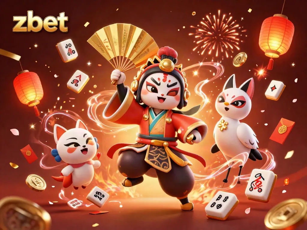 Engage with zbet as the kabuki warrior leads the vibrant casino adventure with lucky charms and festive decorations.