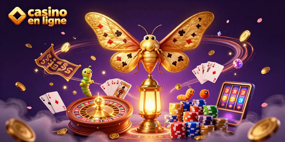 Belle illustration 3D d'un casino en ligne, montrant un papillon majestueux et des éléments de jeu fascinants.