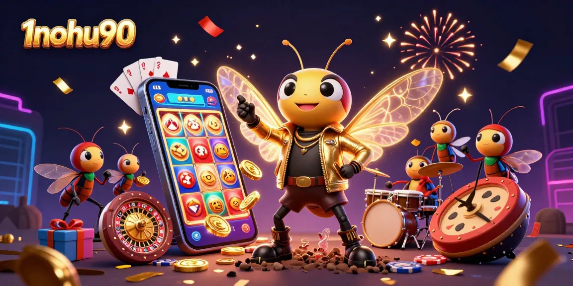 Join the fun at 1nohu90 with a thrilling gambling scene featuring a rock-star cicada and vibrant slots.