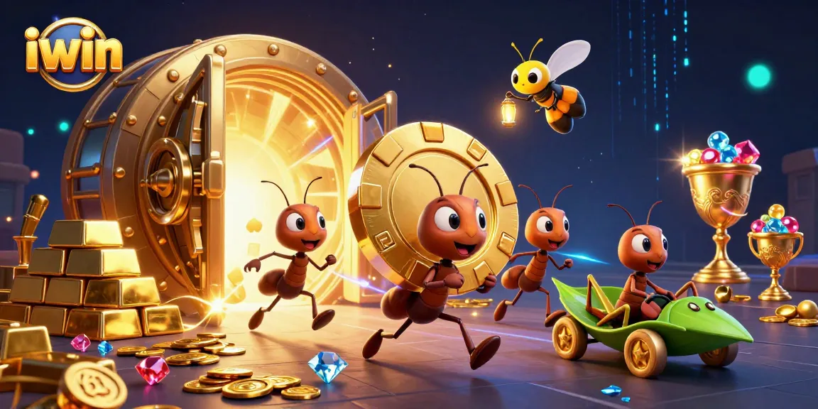 iwin ants executing a heist with golden poker chip, surrounded by treasure in a vibrant casino scene