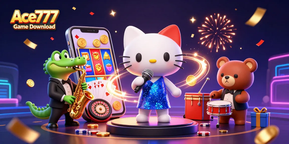 Ace777 Game Download featuring a vibrant 3D casino scene with lively characters and dynamic game elements