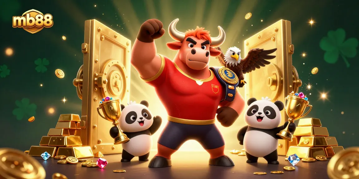 Experience thrilling wins with mb88’s dynamic gaming space featuring a victorious bull, eagle, and panda.