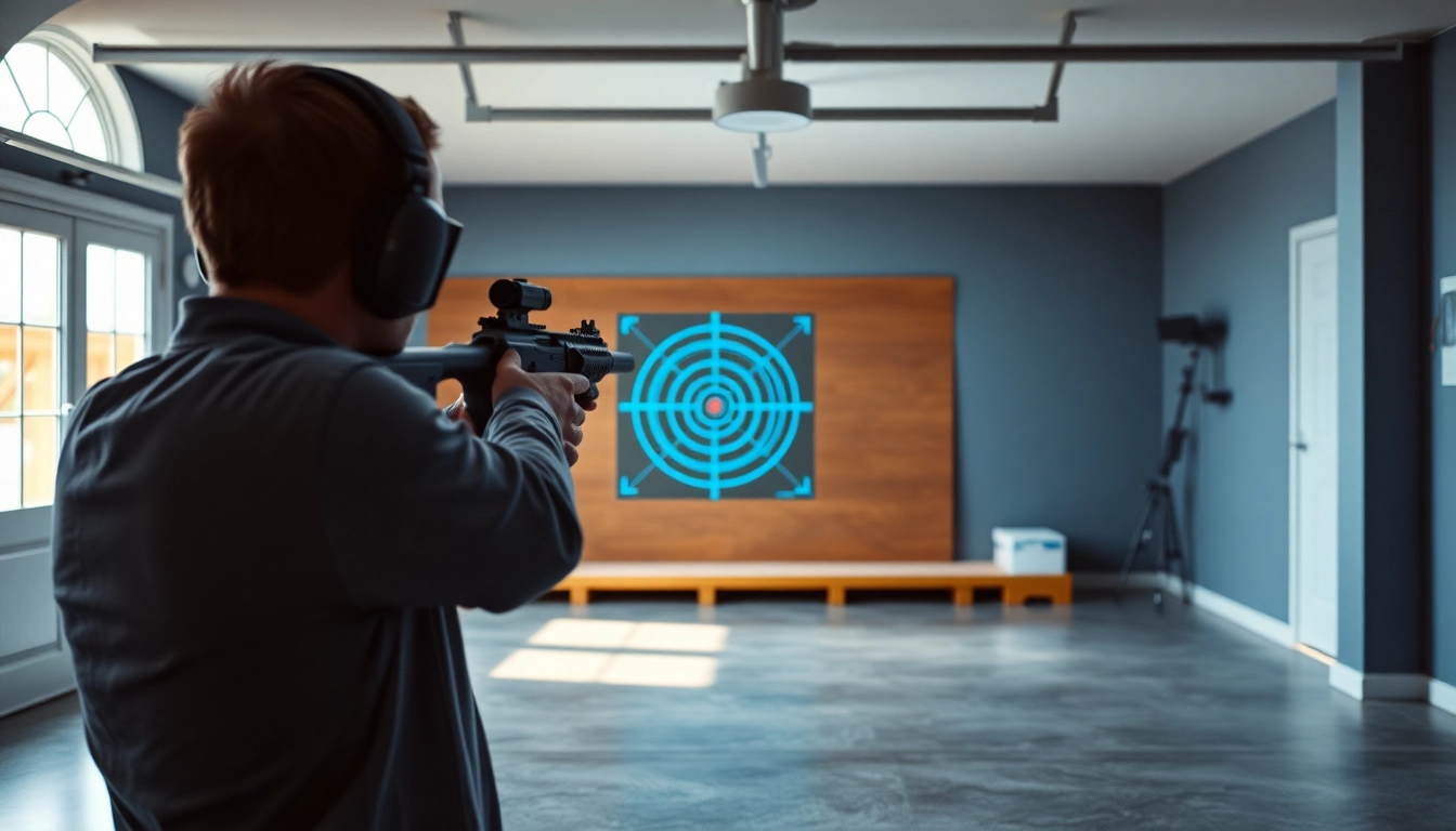 Engaging in virtual target practice with a high-tech shooting setup in a home garage.