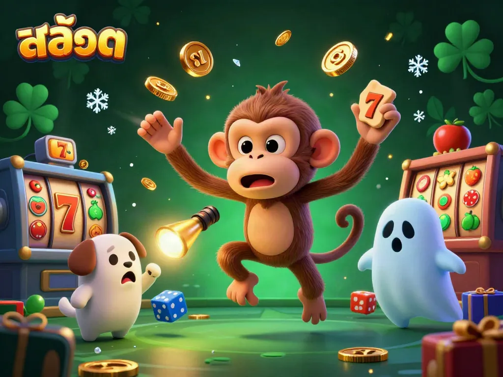 Engaging slots scene featuring สล็อต with a mischievous monkey character juggling golden items inside a haunted casino environment.