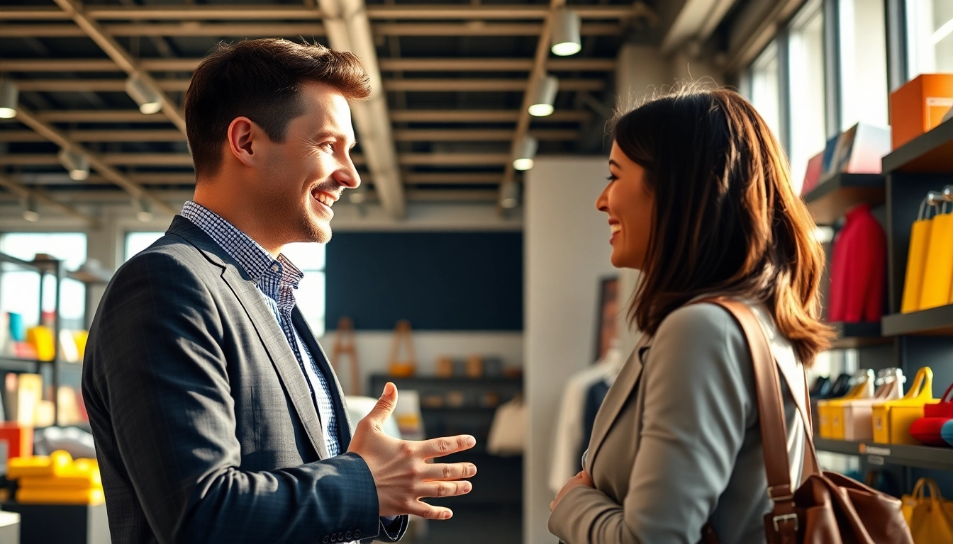 Salesperson engaging with customers in a vibrant retail space, promoting products with enthusiasm.