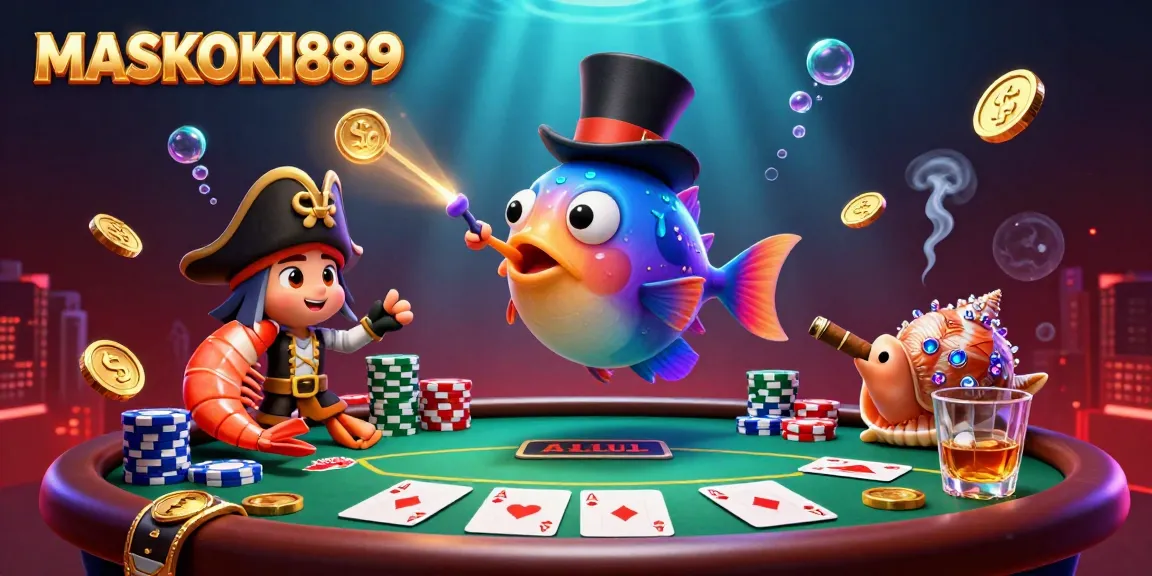 Experience winning with MASKOKI889's vibrant underwater casino adventure, featuring lucky characters and poker elements.