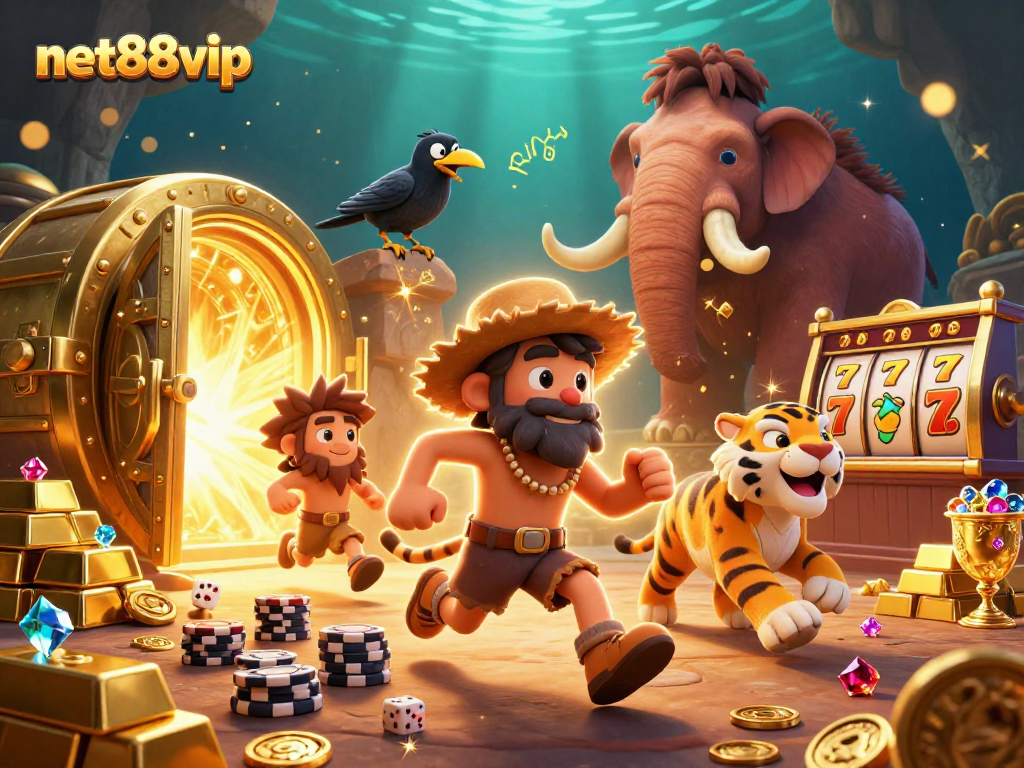 Experience the excitement of net88vip at a prehistoric casino with golden treasures and animated characters.
