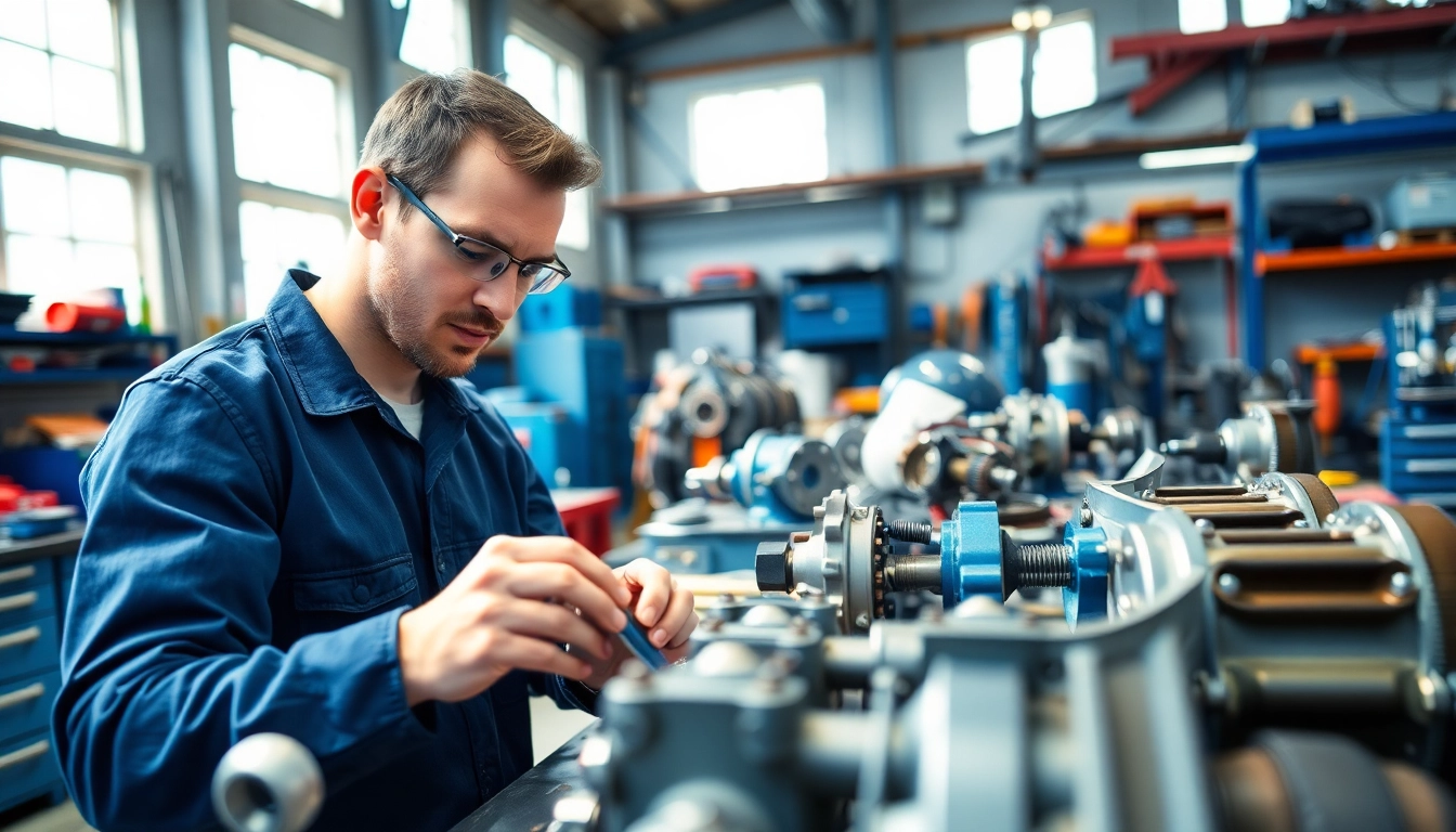 Technician providing hydraulic repair services amid workshop tools and machinery.