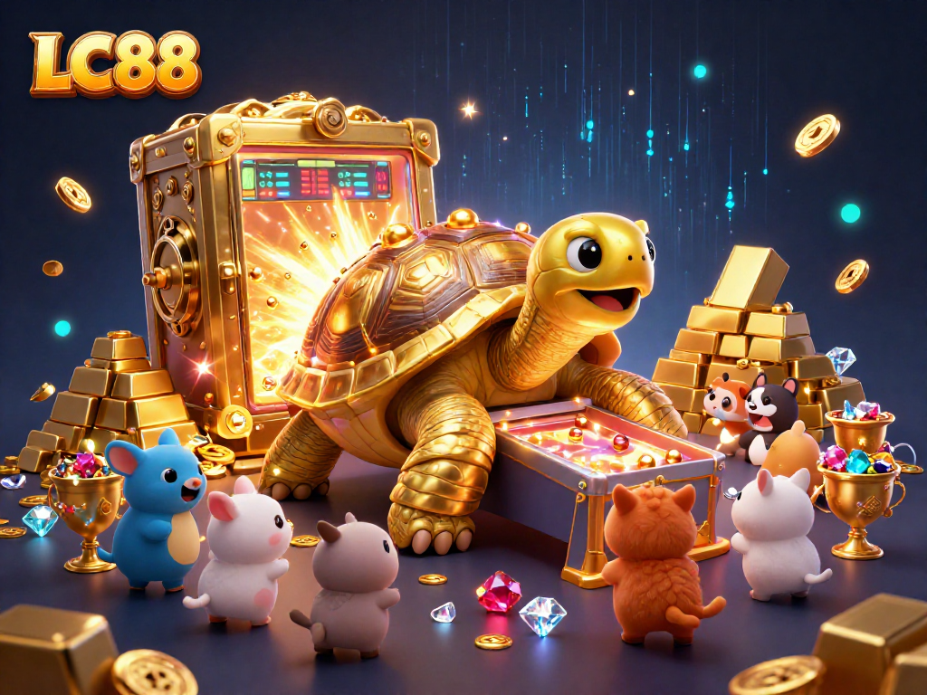 Experience thrilling gaming adventures at LC88 with a captivating 3D illustration of gaming excitement.