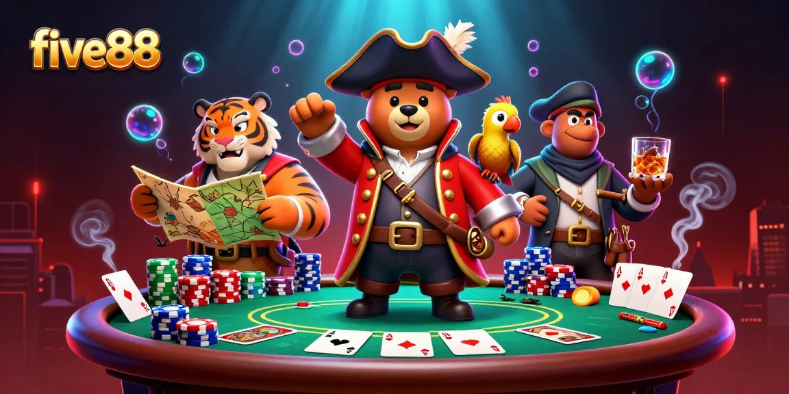 Experience thrilling wins at five88 with a vibrant poker scene featuring characters and bustling action.