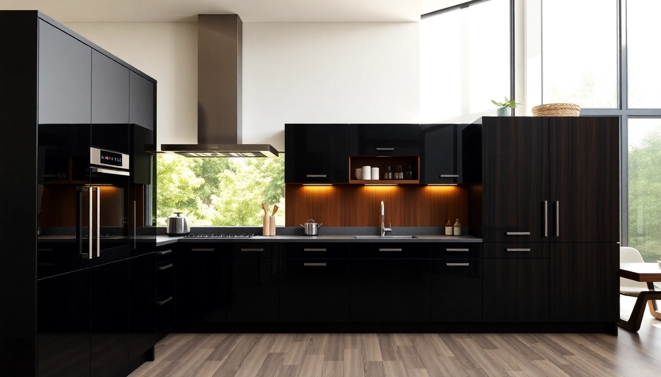 Stunning black kitchen cabinets enhancing a modern kitchen design with elegant accents.