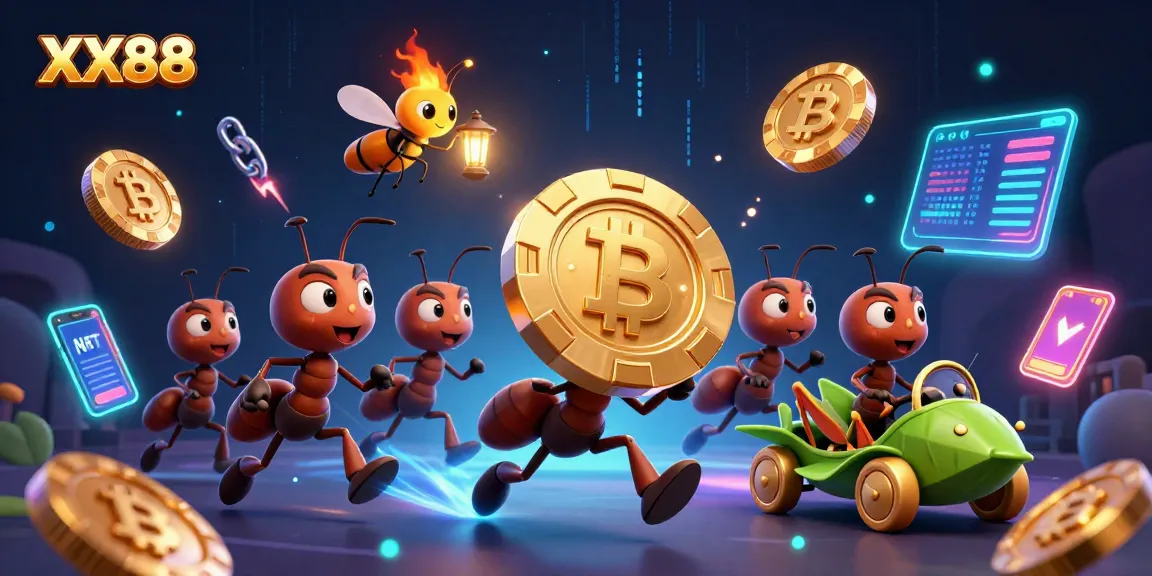 Join the heist at XX88 with cartoon ants carrying a giant poker chip in a vibrant casino scene.