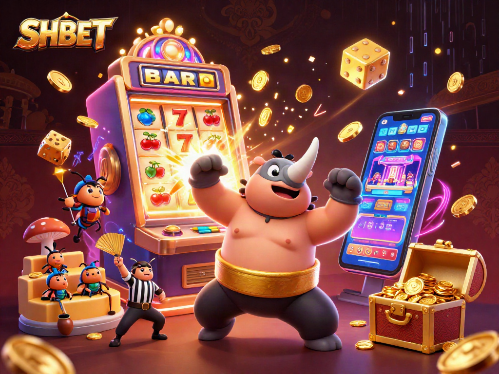 SHBET showcases a vibrant scene with a rhinoceros beetle sumo champion surrounded by slot machine action.