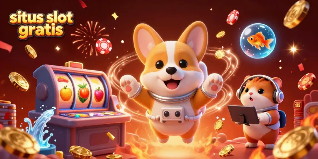 Experience situs slot gratis with a floating corgi in a space casino, jackpot reels, and vibrant confetti.