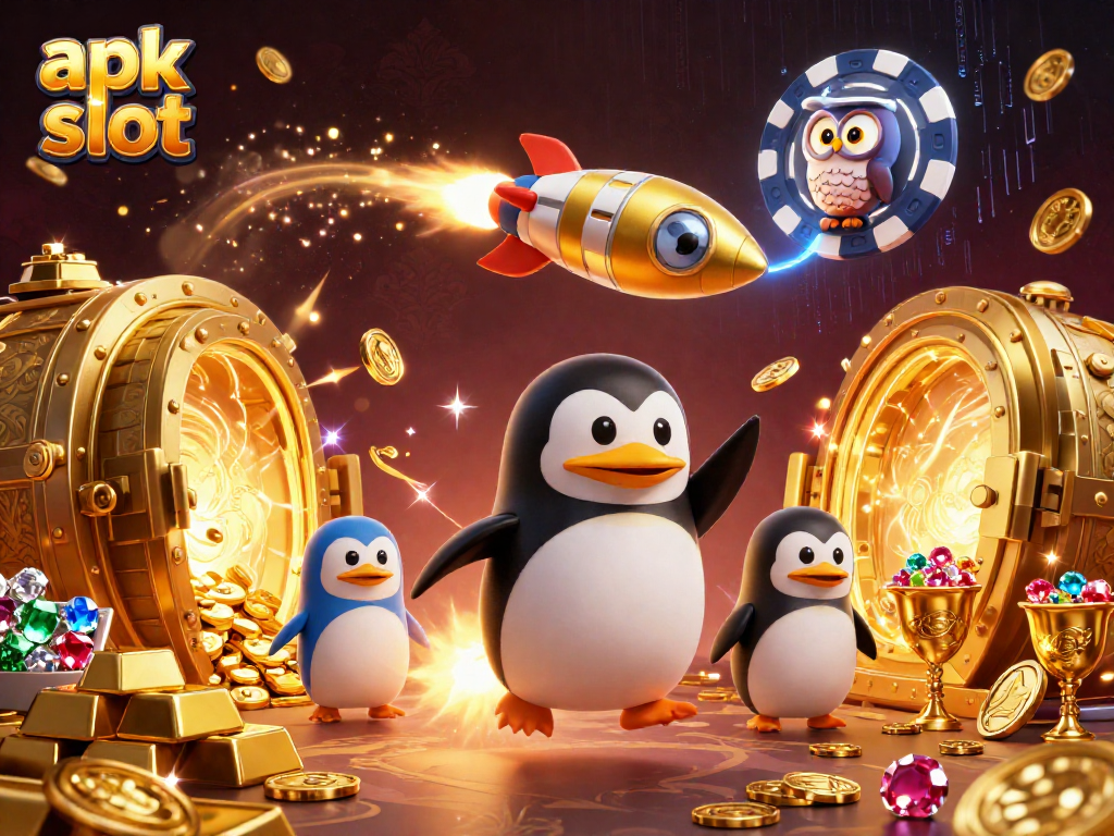 Permainan apk slot yang semarak dengan penguin emas dan chip poker di luar angkasa.