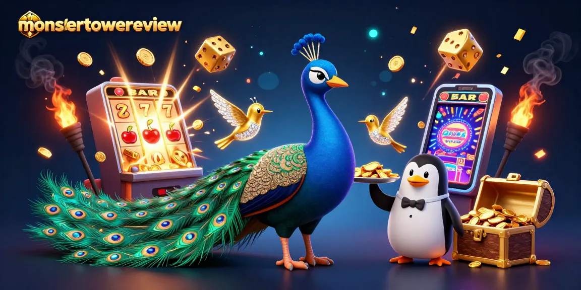 Spin the reels in the lively scene featuring characters from monstertowerreview celebrating a jackpot.