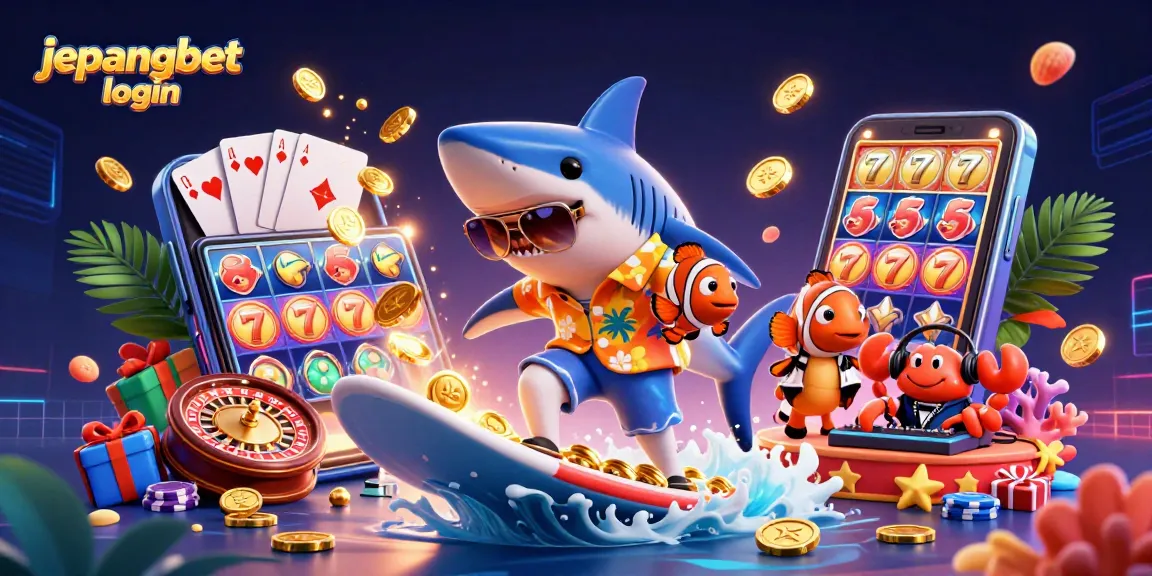 Engage with jepangbet login as the shark surfs on gold coins among vibrant casino elements.