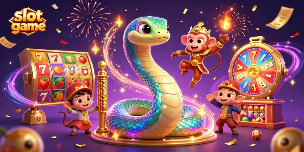 Engage with dynamic slot game scene featuring vibrant characters and gaming elements in 3D.