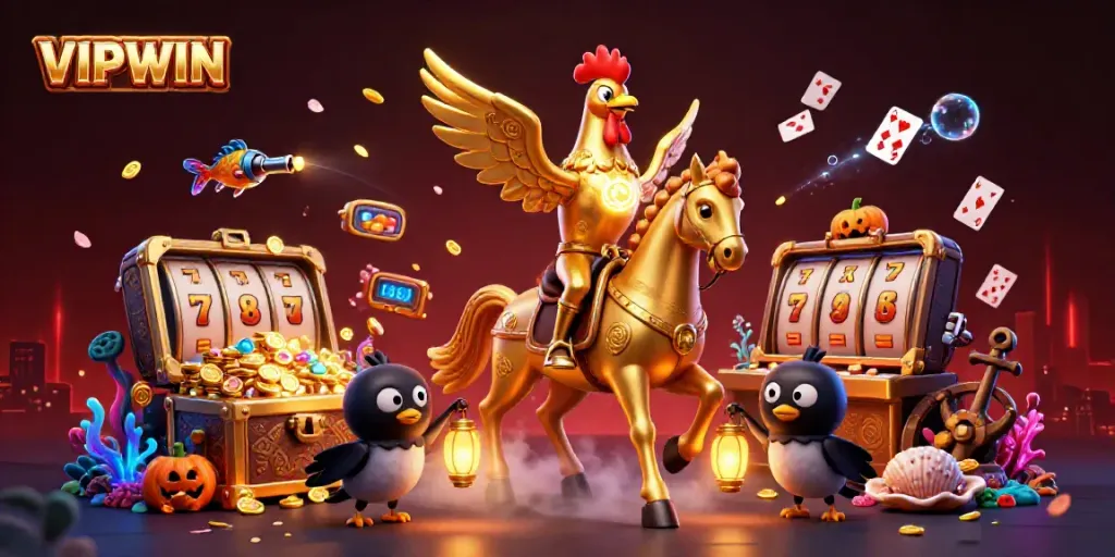 Join the excitement at VIPWIN, where a golden rooster leads thrilling casino adventures filled with treasures.