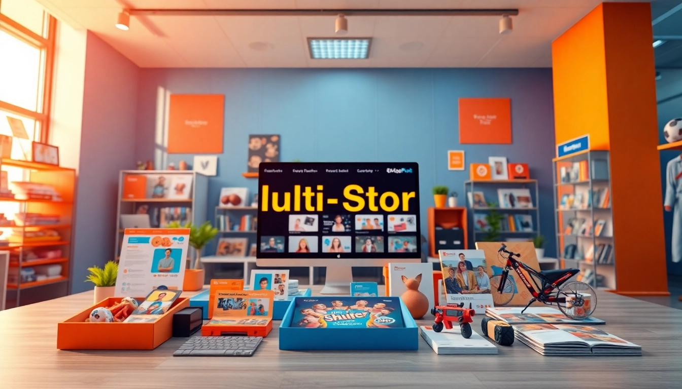 Showcase a vibrant Multi-Store platform with various product categories and energetic atmosphere.