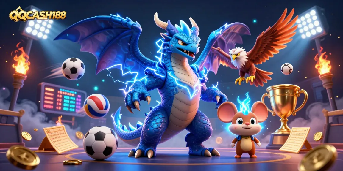 Engage in thrilling gameplay with QQCASH188 amidst a vibrant 3D casino atmosphere featuring dynamic sports elements.