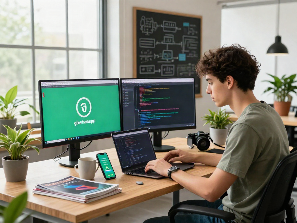 Developer coding gbwhatsapp interface at a modern workspace with dual monitors and tech magazines.