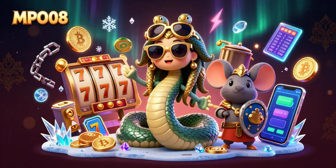 Spin the reels and win big at MPO08, showcasing a playful Medusa and a warrior mouse amidst vibrant slot elements.
