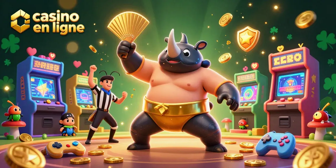 Le champion sumo rhinocéros dans un casino en ligne, entouré de machines de jeux colorées.