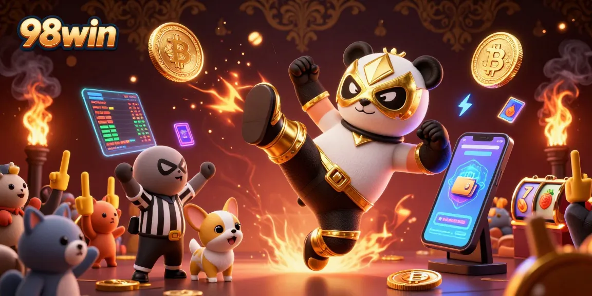 Engage in thrilling action with 98win's panda champion showcasing a flying kick amidst exciting casino elements.