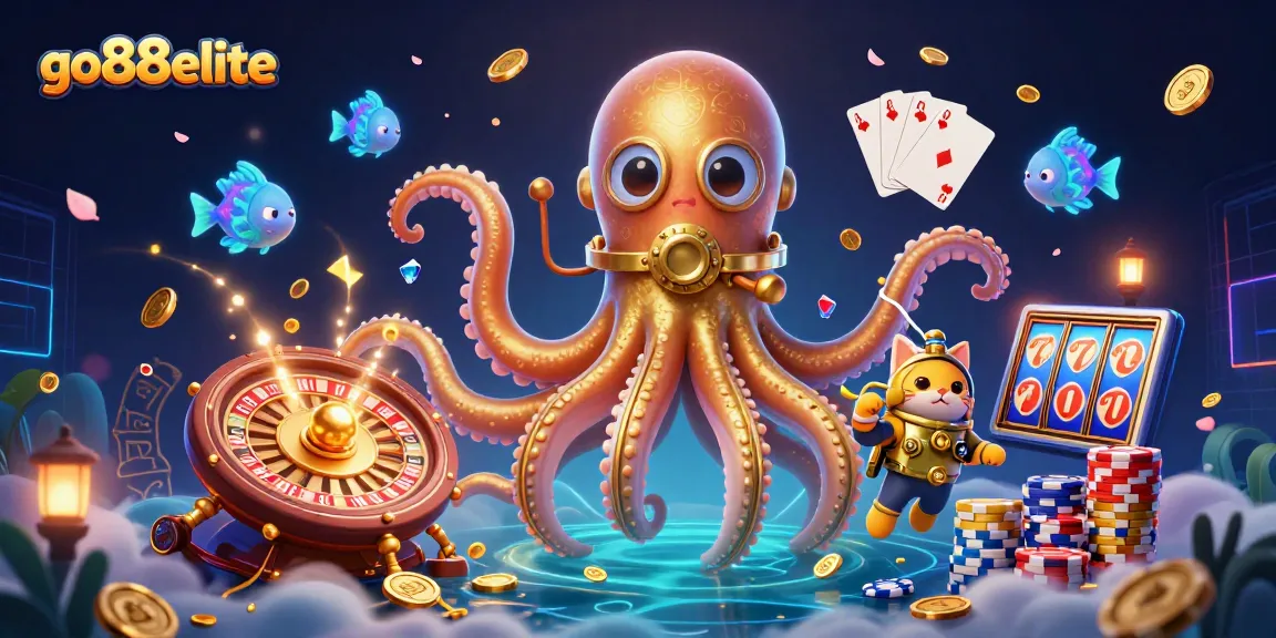 Go88elite offers a thrilling experience with a kraken and diving cat amidst casino elements.