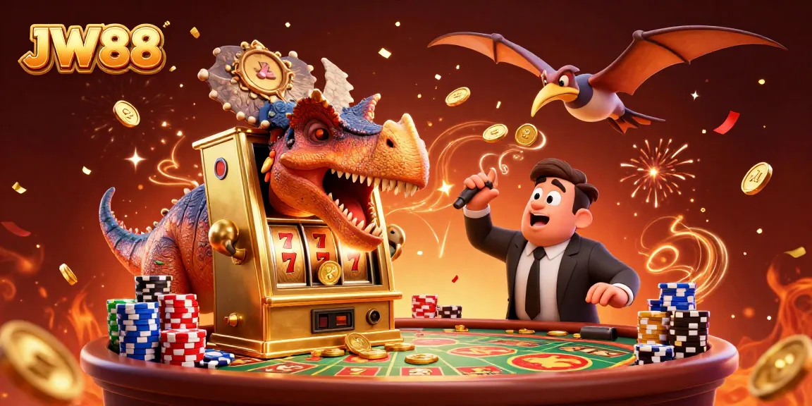 JW88 showcases a pachycephalosaurus winning big at a vibrant casino scene with slot machines and gold coins.