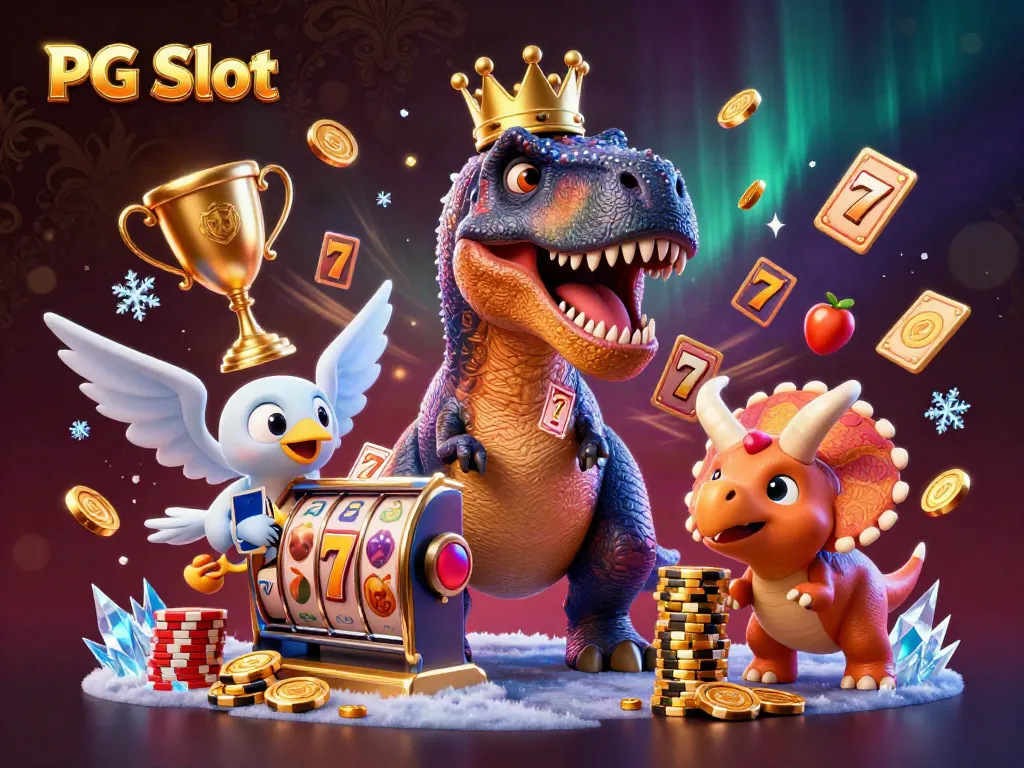 Ilustrasi PG Slot dengan T-Rex, pterosaurus, dan triceratops, permainan slot yang penuh warna.