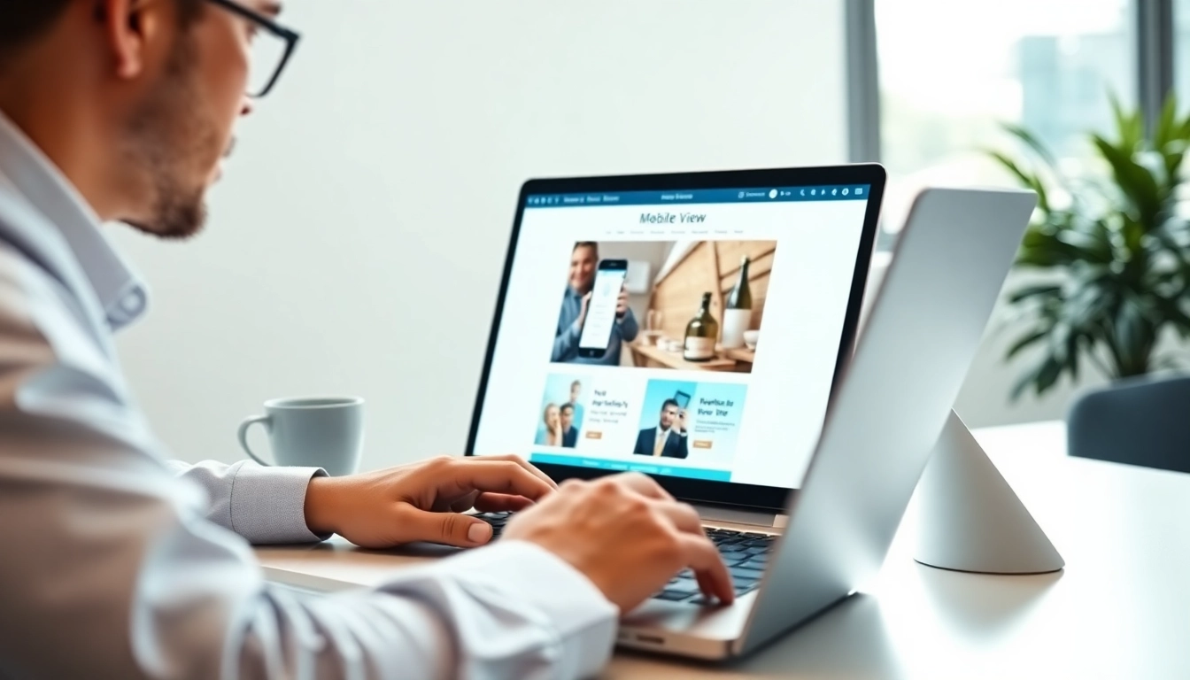 Analyze a website's mobile view on a laptop in a modern office.