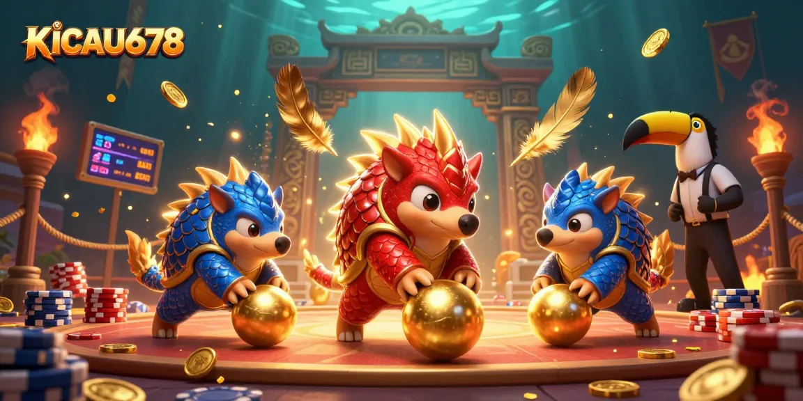 KICAU678 rivals battle with pangolins rolling poker chips in an exciting casino illustration