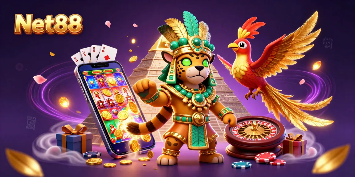 Engage with Net88's immersive casino world featuring dynamic slot games and vibrant characters.