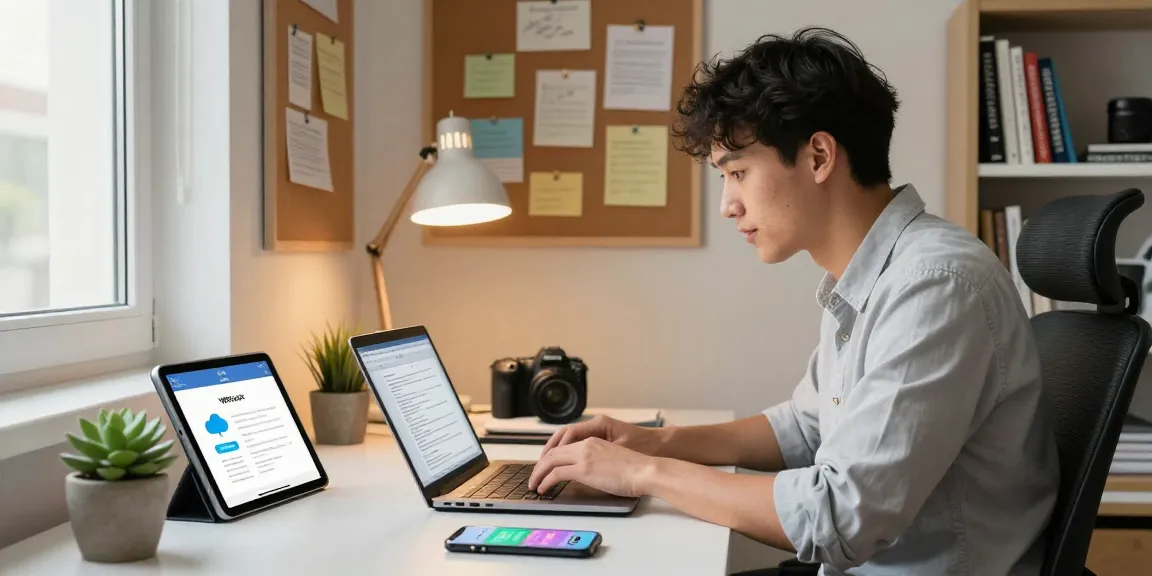 在现代家办公环境中，使用WPS Office 下载的年轻专业人士正在高效编辑文档，桌上摆放着科技设备和创意笔记。