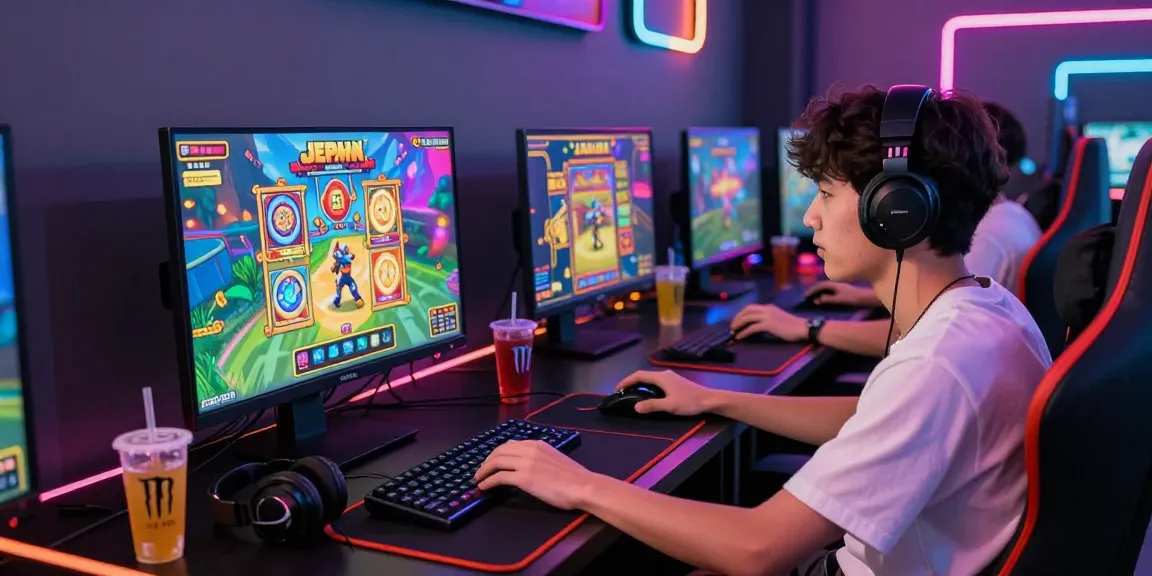 Engaged player enjoying a slot jepang game on high-definition display in a vibrant gaming setup.