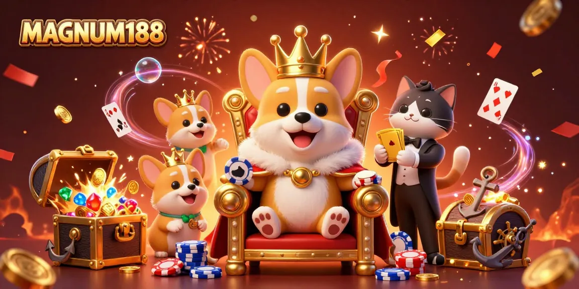 Experience the excitement of MAGNUM188 with a royal corgi on a throne surrounded by vibrant casino elements.