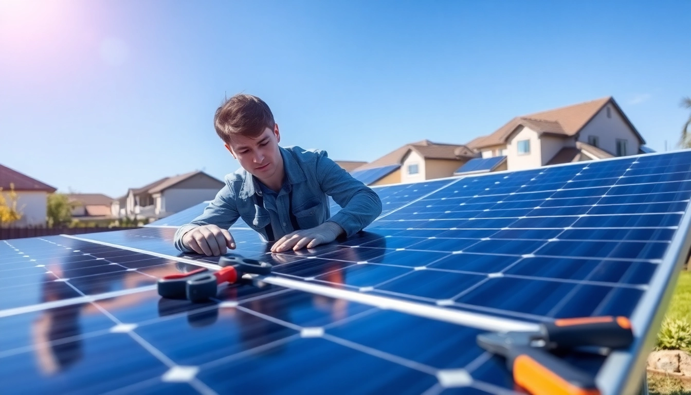 Expert performing solar panel repair New Jersey, highlighting precise work in a sunlit environment.