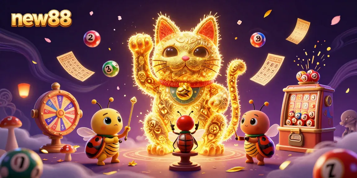Experience the excitement of new88 with vibrant casino symbols animated by a lucky cat, showcasing dynamic lottery elements.